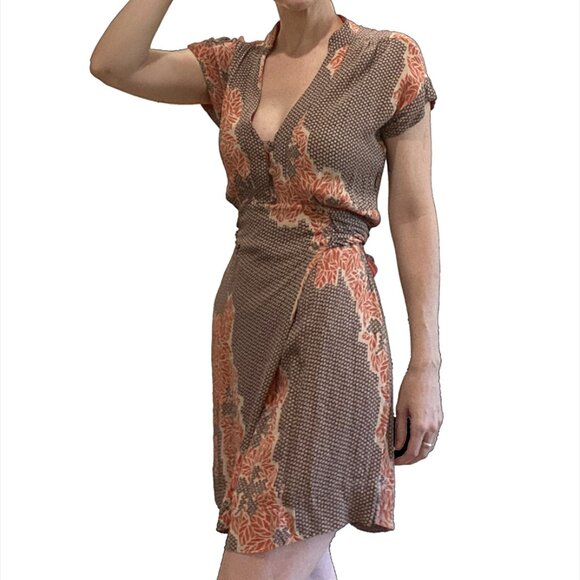 Topshop Orange & Brown Printed Wrap Dress — Size 6 (UK 10) - Picture 2 of 10